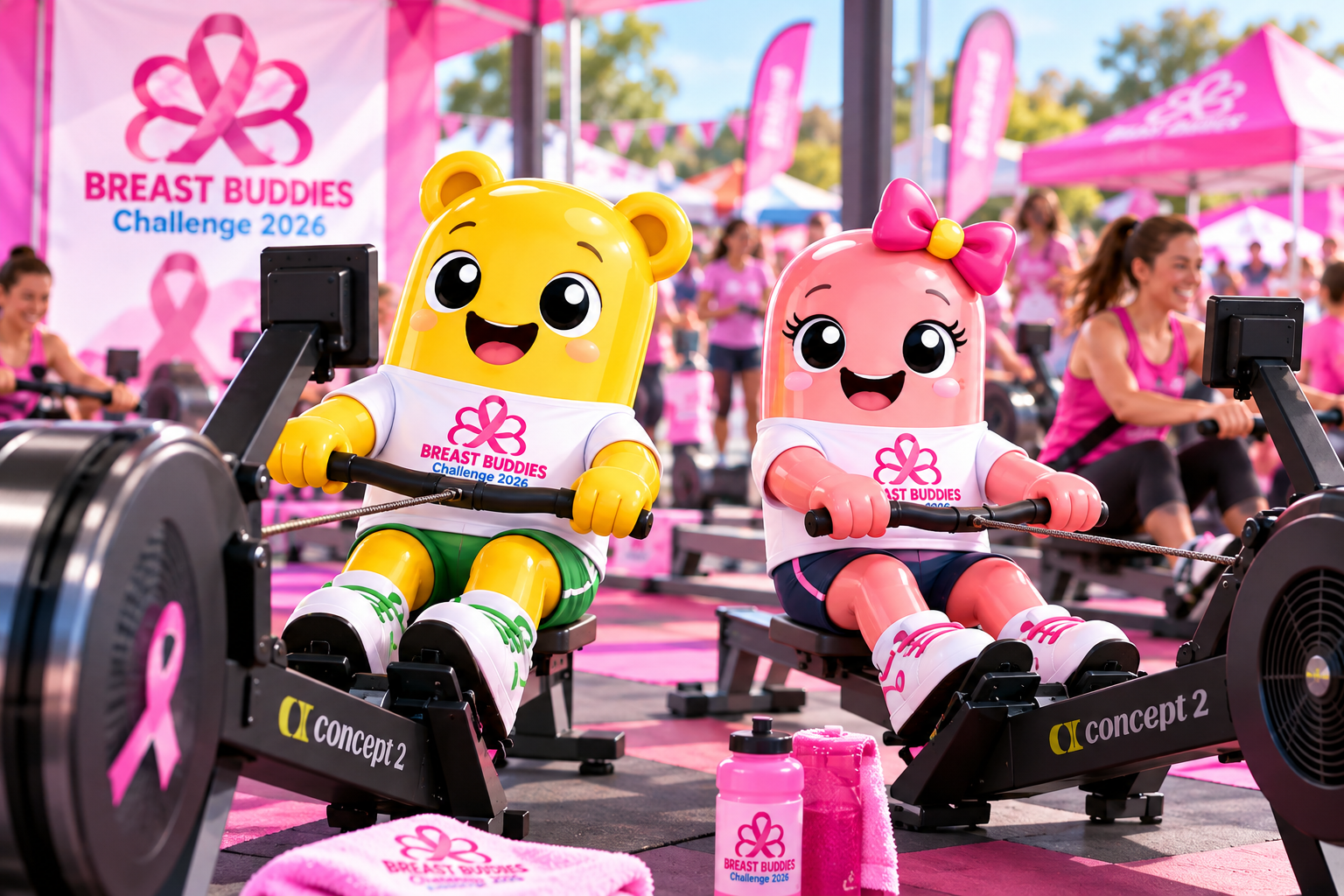 KJ en Kyla roei saam op roeimasjiene by die Breast Buddies Challenge